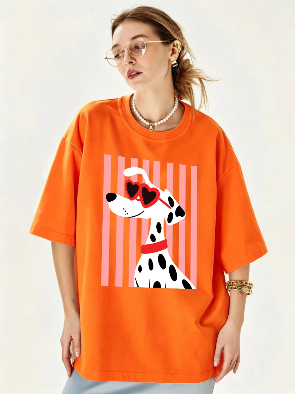 Herzförmige Sonnenbrillen Dalmatiner-Hundemotiv T-Shirts Damen Baumwolle Sommer Übergroße Oberteile O-Ausschnitt Kurzarm-T-Shirts Weiche Streetwear – Detail 21