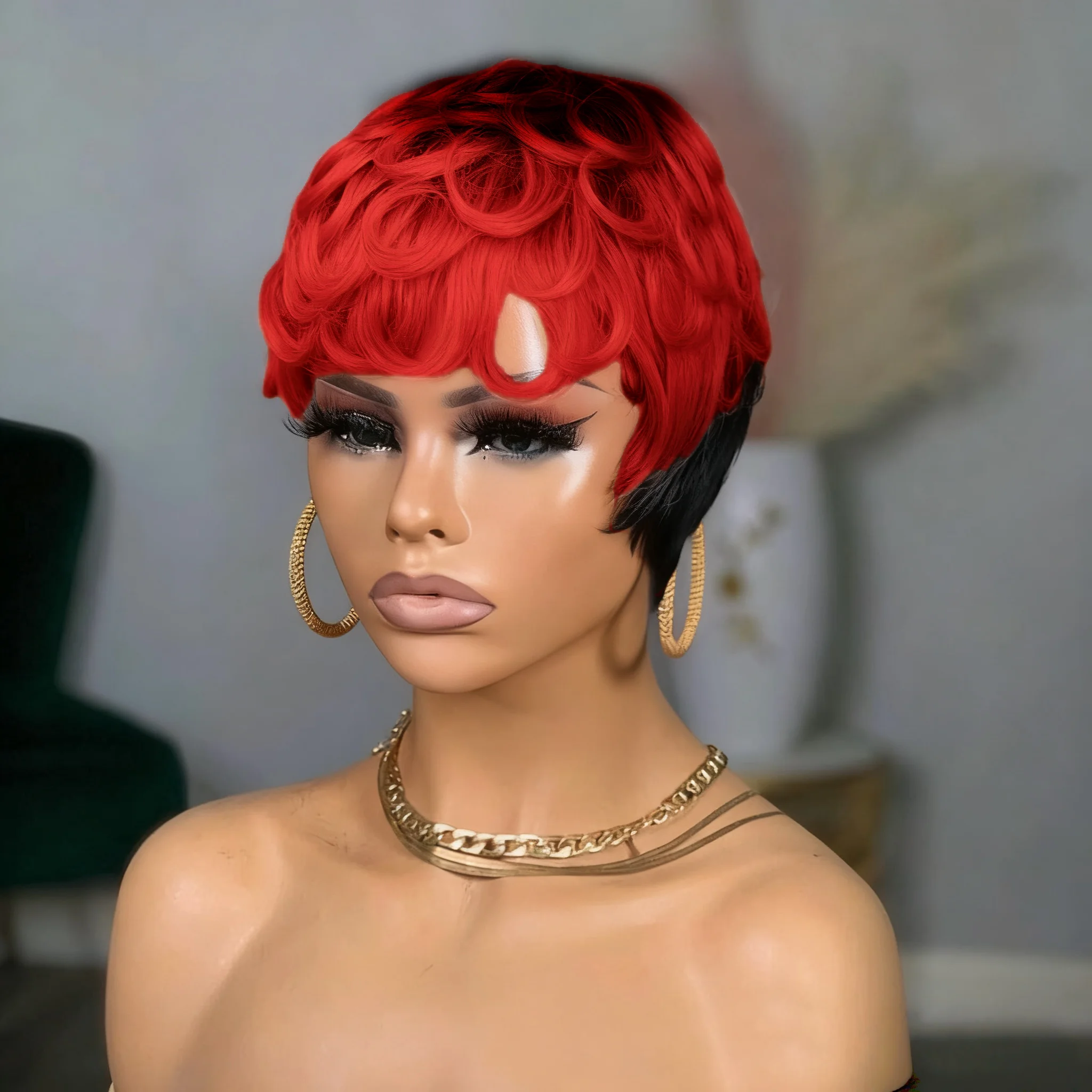 شعر مستعار بشري بقص عابث قصير أسود وأحمر 30 لون مجعد مع غرة، شعر مستعار طبيعي مموج بطبقات كاملة مصنوع آليًا للنساء