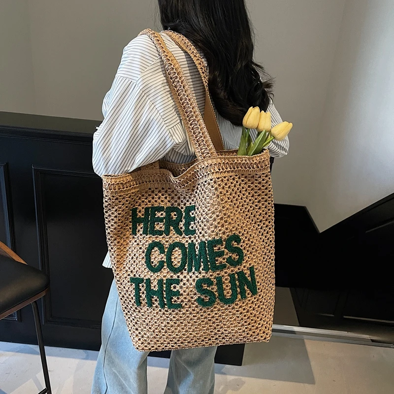 

Fashion Straw Bags Women Summer Bohemian Hollow Out Shoulder Bag Large Capacity Letter Tote Handbag Holiday Beach Bags Big