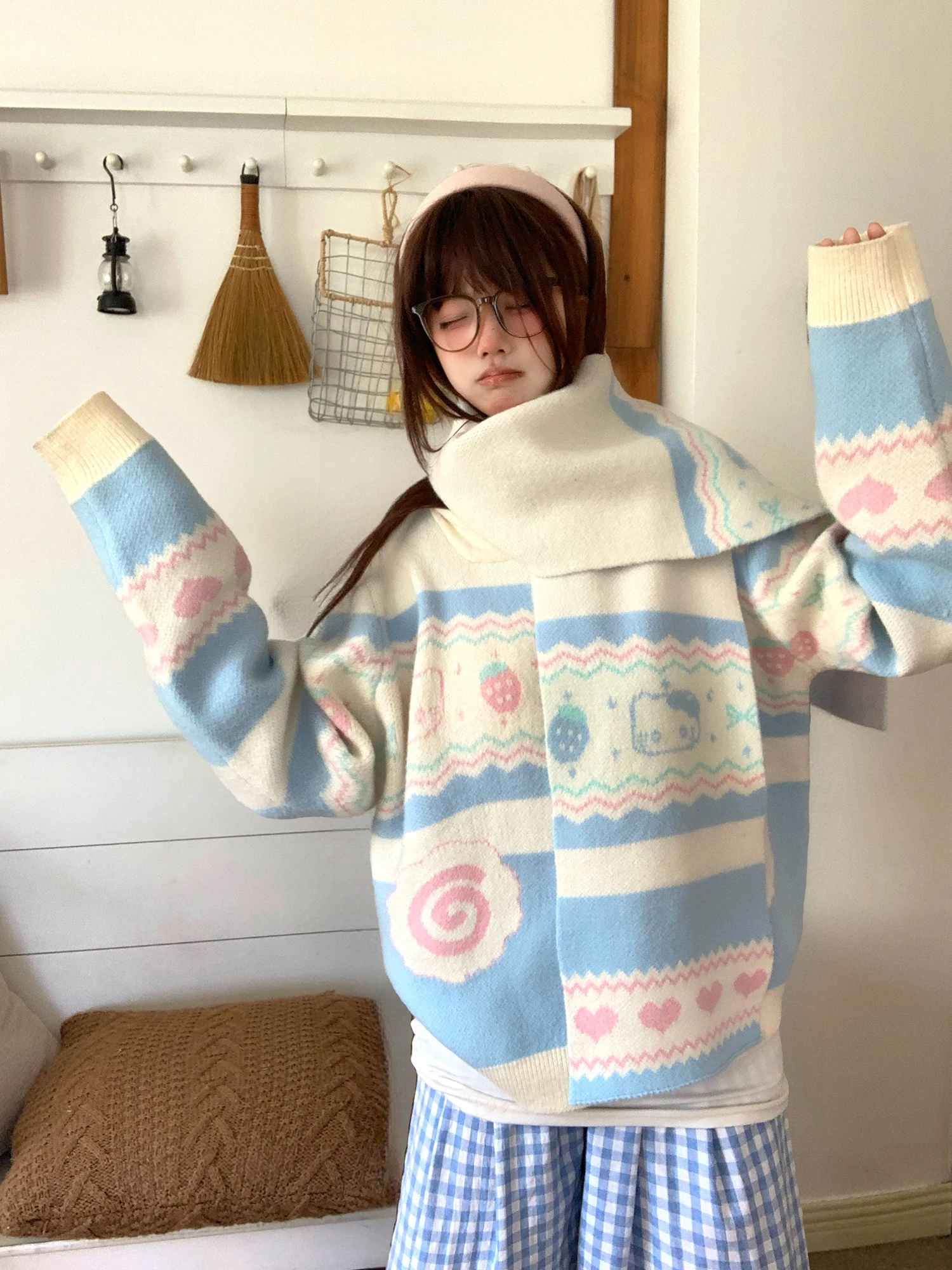 

Tudou Hellokit Knitted Cardigan Sweater Women's oulder awl Hooded Long Sve Soft Polyester Blend Warm Autumn New Arrival