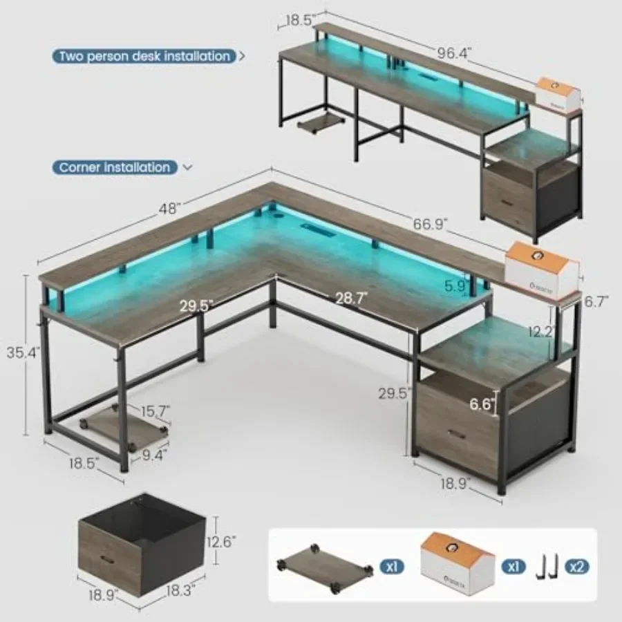 66 Reversible L Shaped Computer Desk with Power Outlet and File Drawer, engineered wood, white, space-saving dual-sided design