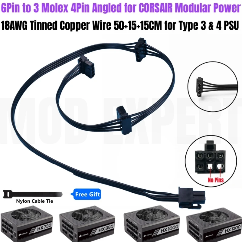 

6Pin to 3 Molex IDE 4Pin PATA Perif Angled Case Fan Power Cable 18AWG for CORSAIR HX750 HX850 HX1000 HX1200 TYPE 4 Modular Power