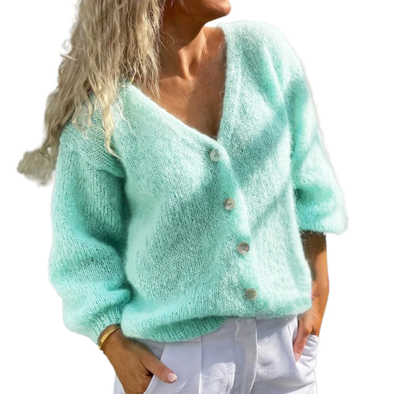 

Новая женская одежда осень-зима 2025: кардиган-жакет из трикотажа с темным V-образным вырезом, однотонный, на пуговицах, для Европы и Америки