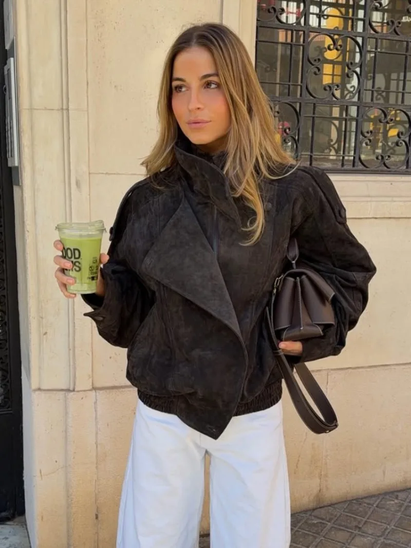 

Новая женская замшевая куртка-бомбер FL 2026 весна, зеленая, винтажная, с воротником-стойкой, на молнии, с длинными рукавами, уличный шик, верхняя одежда