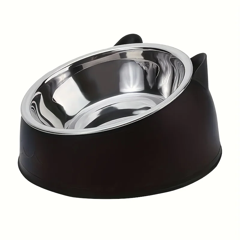 1pc Elevated Stainless Steel Cat Bowl, Inclined Food & Water Dish with Cute Ear Stand, Neck Protection Design for Cats view 3