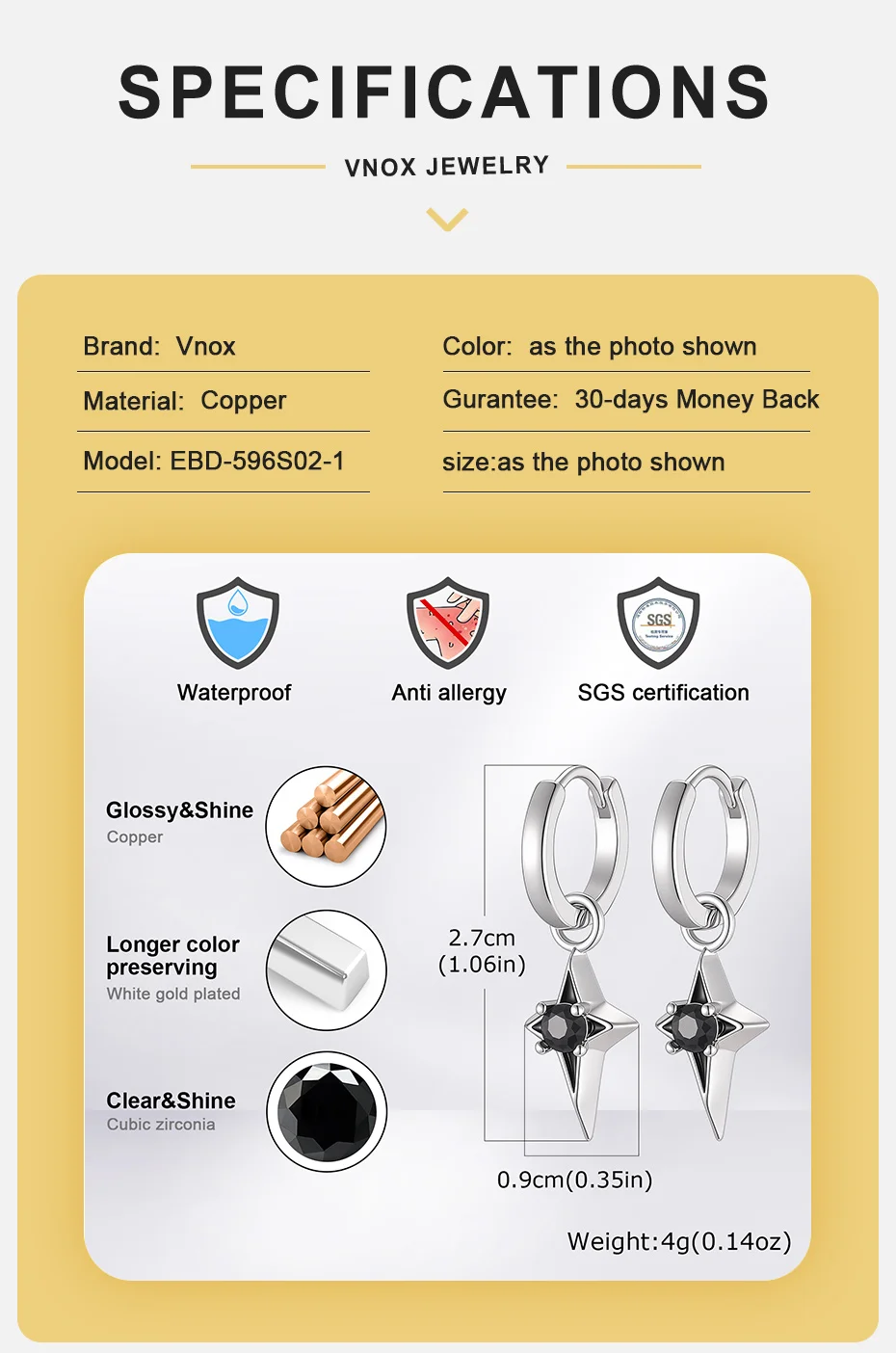 Vnox Herren-Creolen, Kupfer 4-zackiger Stern-Ohrhänger mit schwarzem Zirkon, Punk-Ohrschmuck für den Alltag, Partygeschenk, Neu – Detail 4