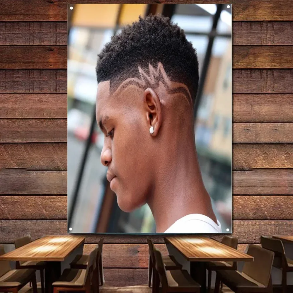 Black Drop Fade Haircut Poster for African Men - Haircut & Shave Service Wall Art Tapestry Barber Shop Wall Decor Banner & Flag