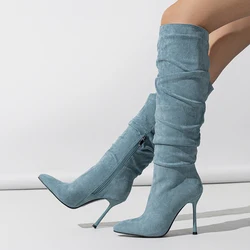 Liyke Autumn Winter Pleated Denim Knee High Boots Women Sexy Pointed Toe Zip Motorcycle Long Shoes Thin Heels Booties Size 35-42