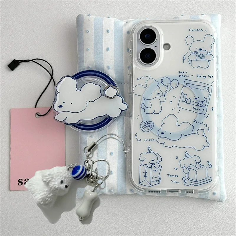 حافظة هاتف كلب صغير بخط أزرق مغناطيسي مع قلادة كلب صغير وحامل مغناطيسي لهاتف iPhone11 12 13 14 15 16 17 Pro Max