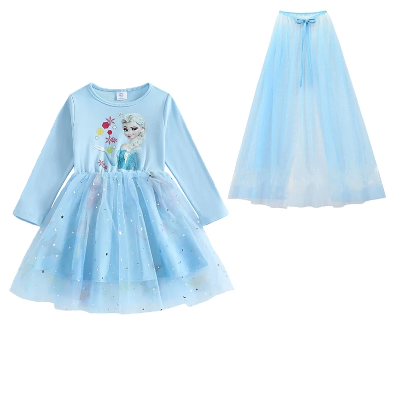 

Disney Elsa Princess Dress And Cloak 2PC Girl Dress Spring Autumn Party Long-sleeved For Children's Frozen Dress Kids Clothes