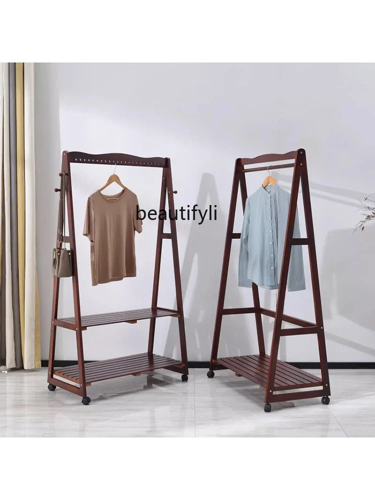 Solid Wood Hanger Floor Bedroom Coat Rack Living Room Shoe Changing Stool Clothes Rack Integrated Home Wall