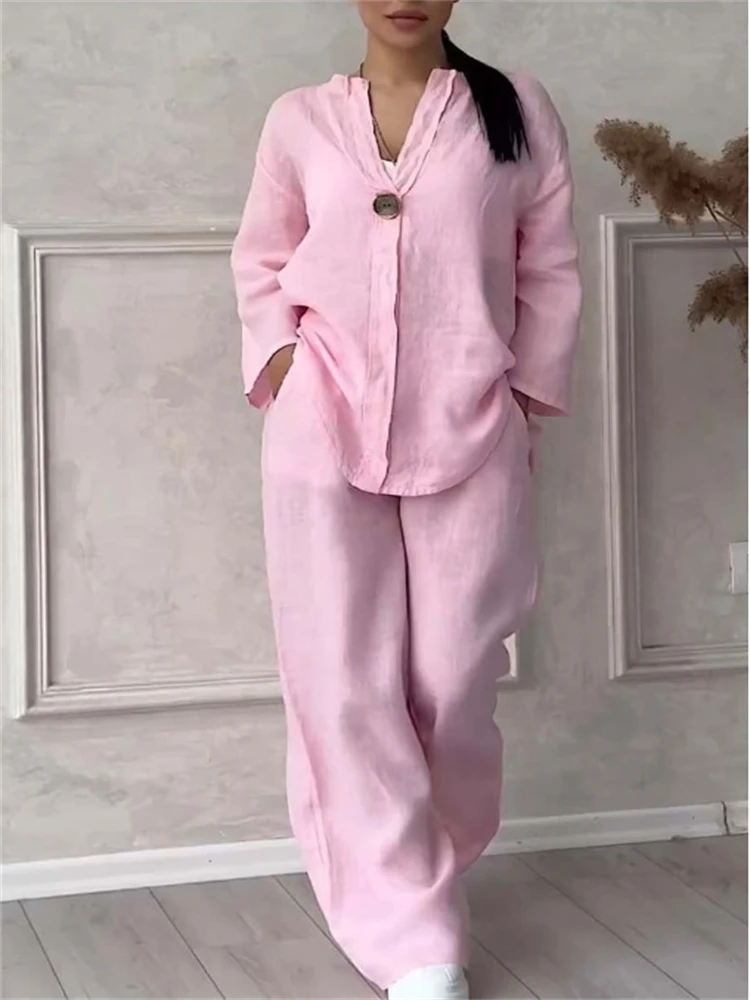 Women Casual Solid V Neck Set Fashion Autumn Spring Two piece Set Cotton and Linen Sets Shirt Top Wide-leg Pant Long Sleeve Suit