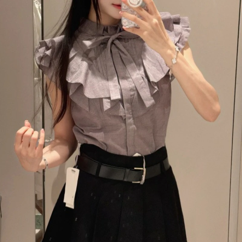 

Early Autumn New Sweet Ruffles Flying Sleeve Blouse Shirts Bow Lace Up Solid Casual Slim Top Japan Commuter All-match Blusa