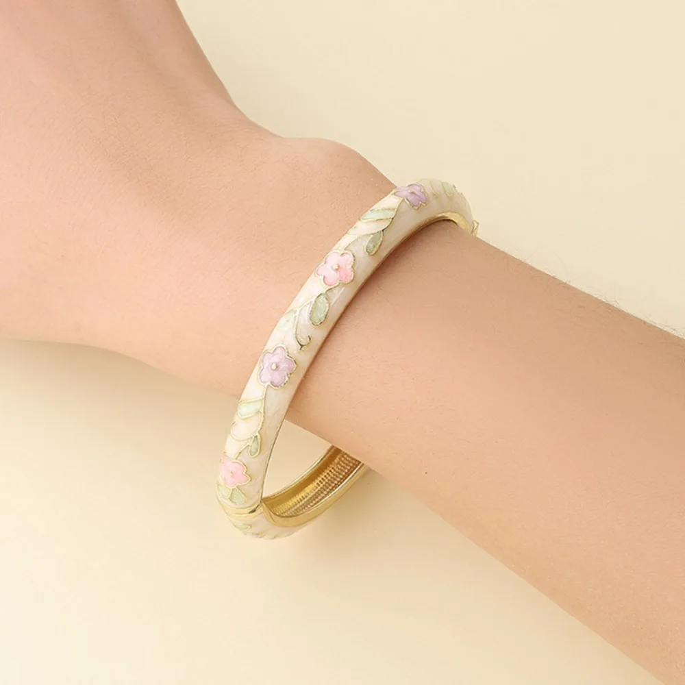 Zinc Alloy Cloisonne Bracelet Flower Pattern Drip Oil Process Women Bangle Opening Design Vintage Blossom Enamel Bracelet