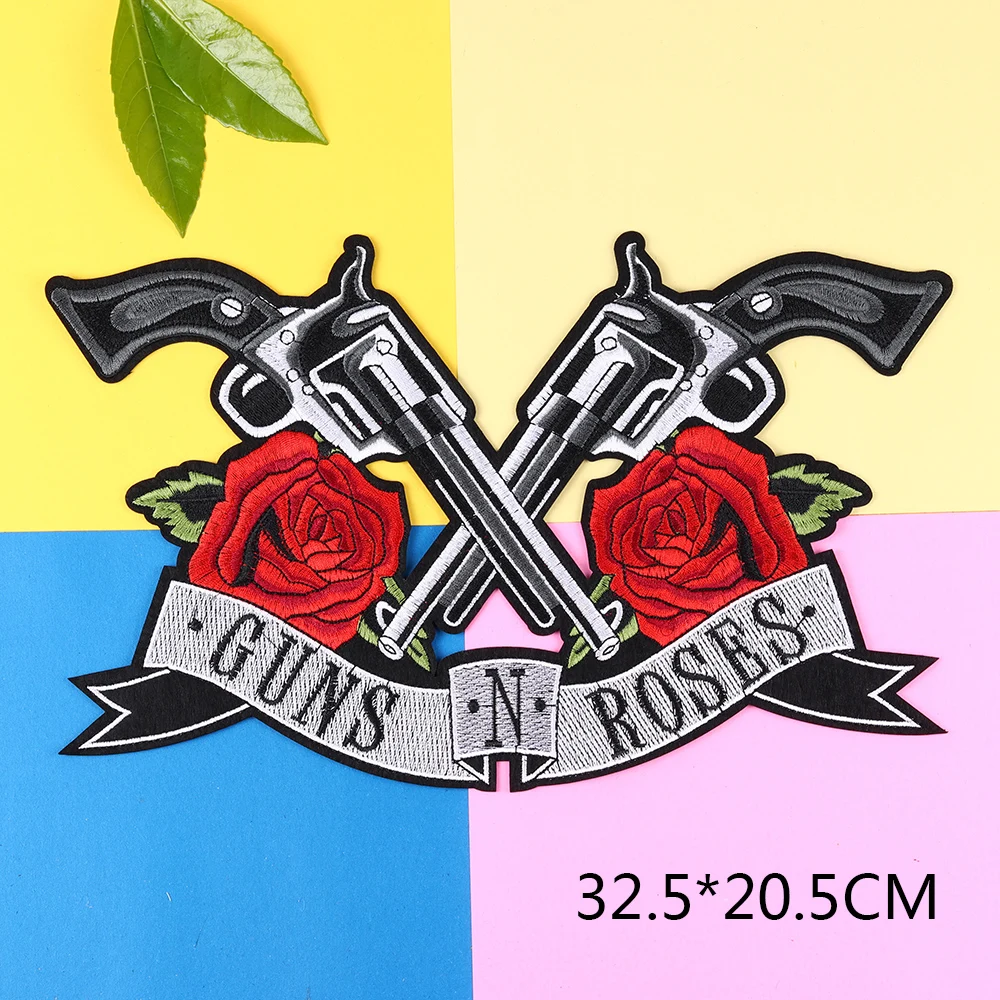 Punk Doppel Guns Roses Schädel Eisen Auf Stickerei Patches Biker Aufkleber Kleidung Stickerei Jacke Motorrad Rucksack Big Patches