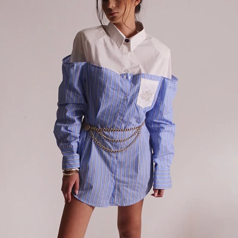 

SuperAen Fashion Simple Women's 2025 Summer New Comfortable and Casual Fake Two-piece Striped Patchwork Mid-length Loose Shirts