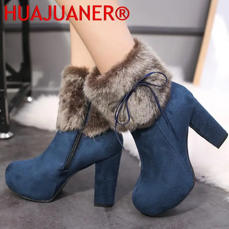 الشتاء أحذية حذاء نسائي بكعب عالٍ الأحذية الفراء أحذية دافئة أحذية الموضة للنساء الشتاء عالية الكعب سوبر مربع عالية الكعب 10 سنتيمتر #4