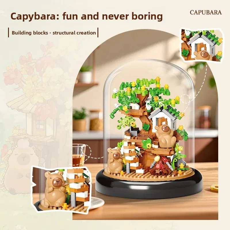 Capybara Doll Toys Adults Micro Sakura Tree House Assembly Bricks Constructor Set Cherry Blossom Small Particle Building Block