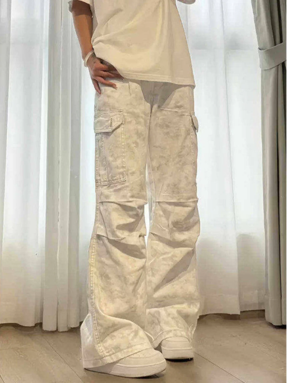 

Loose Wide Leg Men's Jeans Bleach Dyed Cargo Workwear Pants American High Street Pleated Youth Faion Polyester Fiber