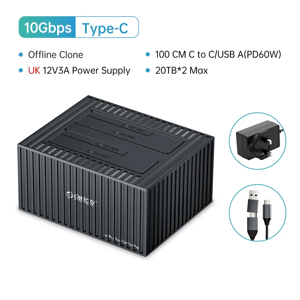 ORICO 3,5 Zoll Dual-bay Typ-C 10 Gbit/s Festplatten-Dockingstation für 2,5/3,5 Zoll HDD/SSD mit 12V3A Netzteil UASP 40 TB max