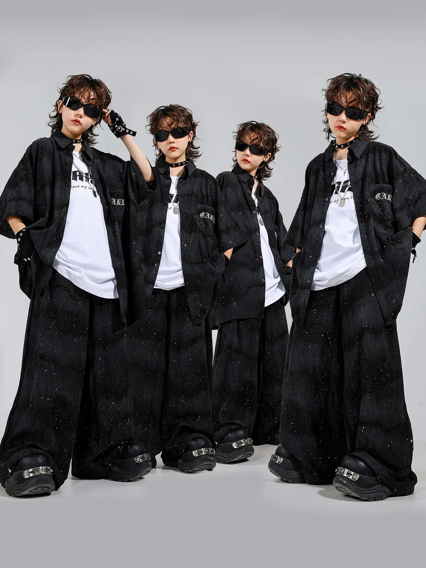 Vêtements Hip Hop brillants pour enfants, chemise noire à paillettes, pantalon pour garçons, manches courtes, Costume de spectacle de danse Jazz, Costume pour filles BL16549