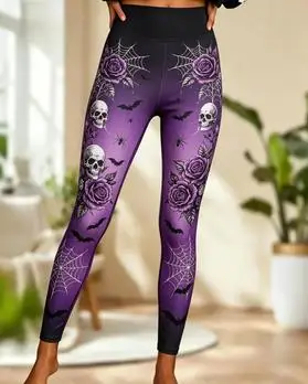 Women Mid‑Rise Fleece Lined Leggings, Halloween Purple Black Gradient Skull Rose Spider Web Bat Print Slim Stretch Pants