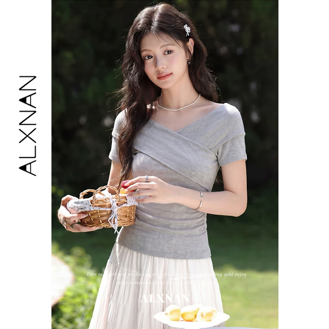 ALXNAN Women's Red Tees 2026 Summer Elegant Knit Short Sleeve Top Cross V-neck Slim T-shirt Casual Female Clothing L62865A-8