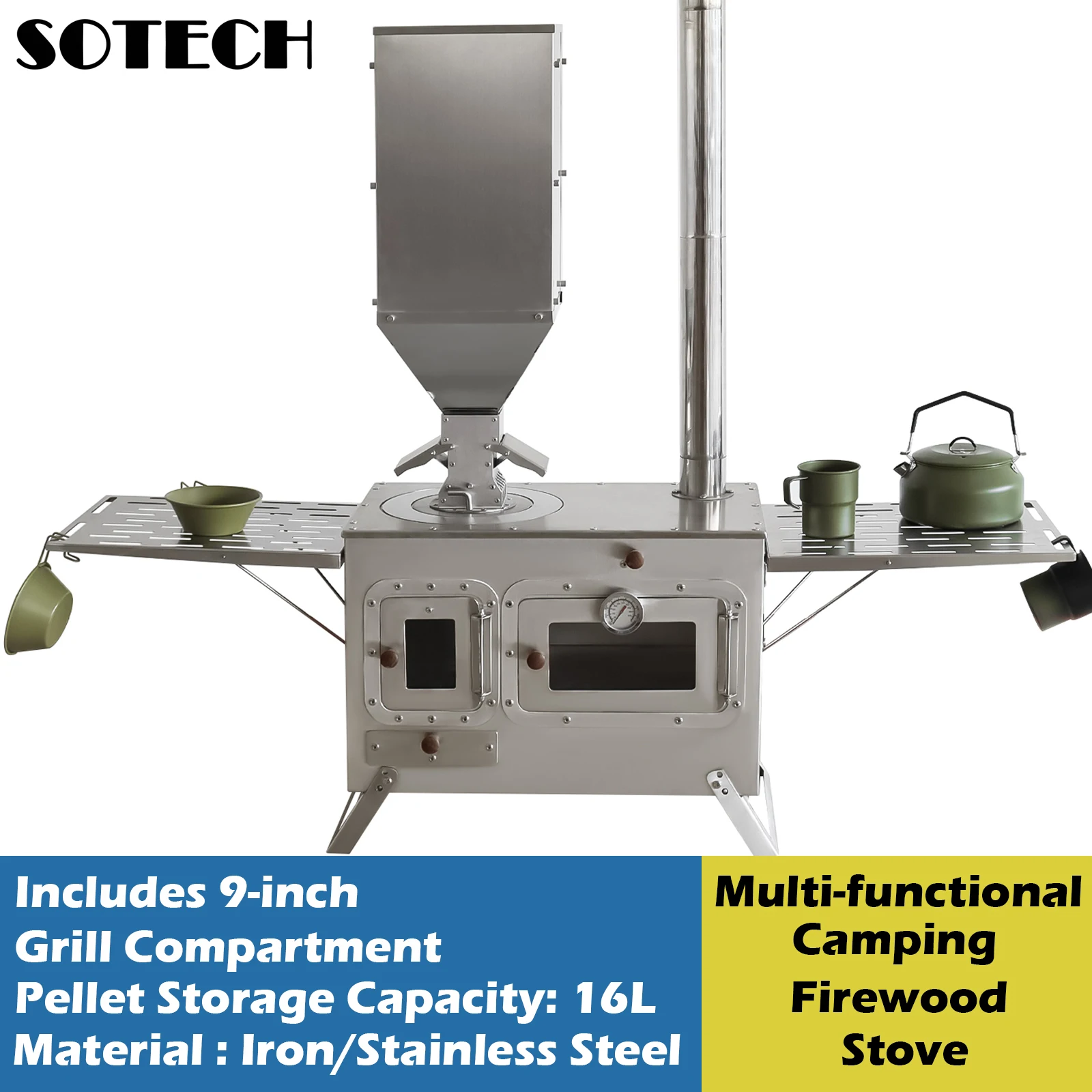Portable Wood Burning Camping Stove with Oven Tent Stove for Outdoor Cooking Heating Stainless Steel Firewood Stove with Chimney