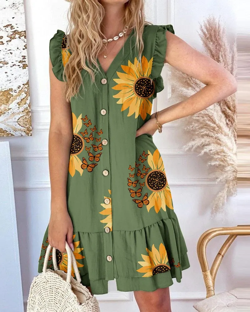 Casual Loose Ruffles Print Shirt Dress Women Summer V-neck Flying Sleeve Dresses For Women 2023 Boho Beach Holiday Vestidos