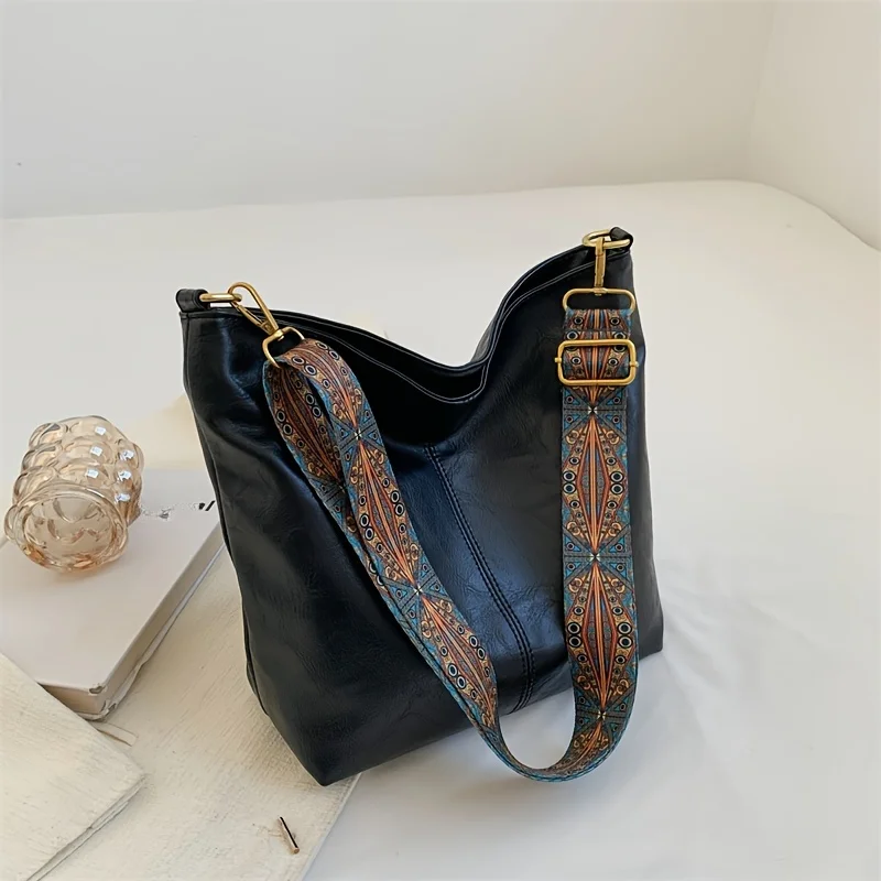 Women Vintage Crossbody Bag, Geometric Strap Hobo Bag, Large Capacity Shoulder Bag For Work & School