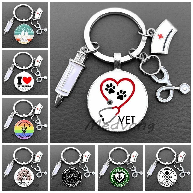 veterinarian keychain pendant Convex glass key chain Stethoscope keyring Nurse Hat key keyholder Jewelry for Pet doctor gift