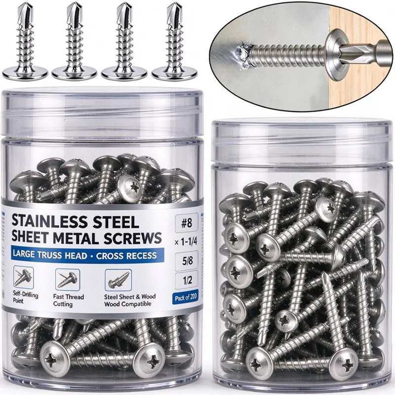 M4.2 Self-Tapping Sheet Metal Screws Stainless Steel Round Phillips Head Screw Wood Sheet Metal Repair Truss Head Fastener
