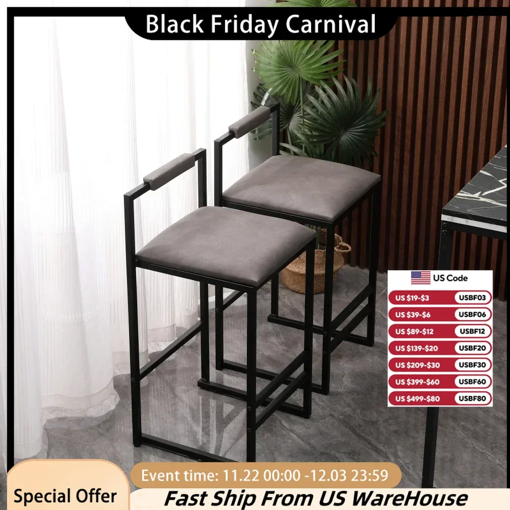 Bar Chairs Set of 2, Counter Height Barstools, Kitchen Island Stools with Back, Easy Assembly, Metal Legs & PU Upholstered Chair