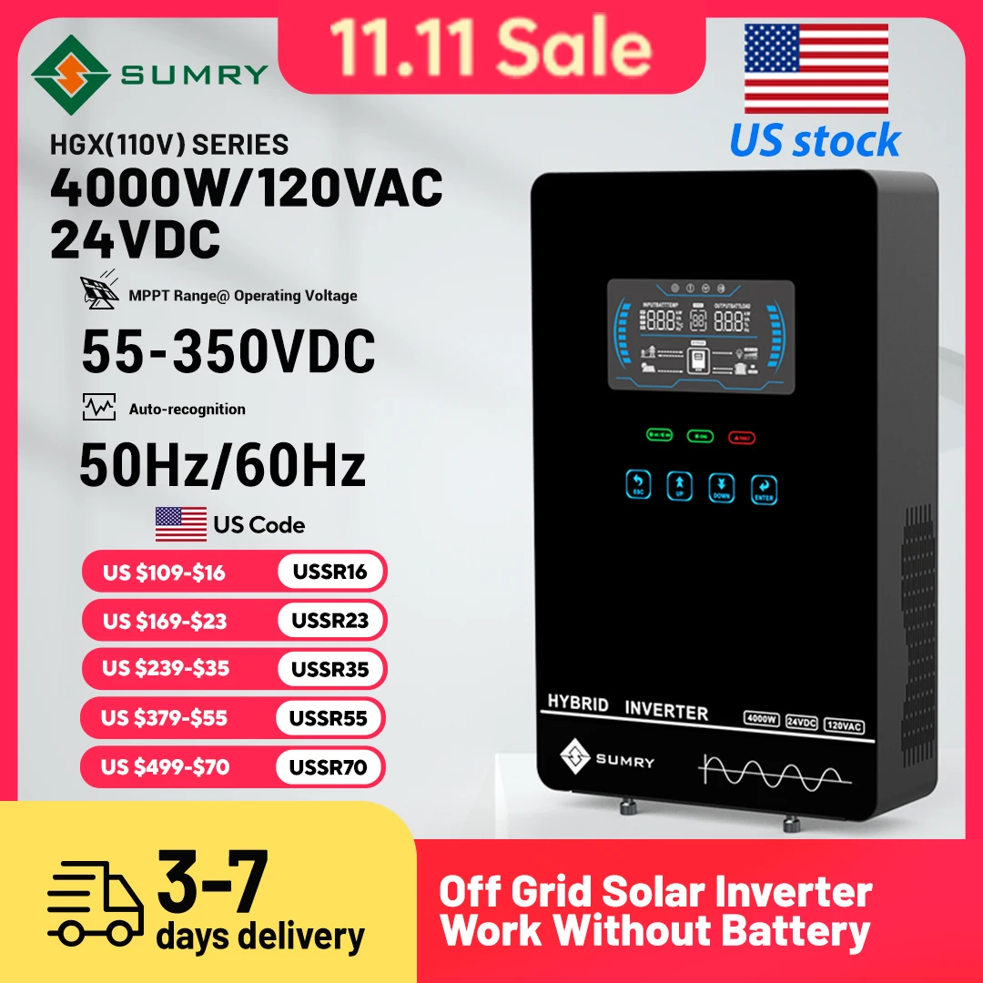 SUMRY 4KW Off Grid Solar Inverter 24V Pure Sine Wave Built-in140A MPPT Solar Charger Cold Restart Function Work Without Battery
