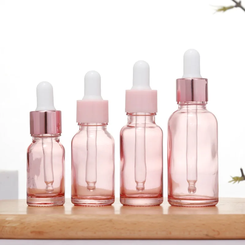 Flacons compte-gouttes rechargeables 5-100ML, couvercle Rose, récipient cosmétique, liquide d'aromathérapie en verre rose pour huile de Massage essentielle, Pipette