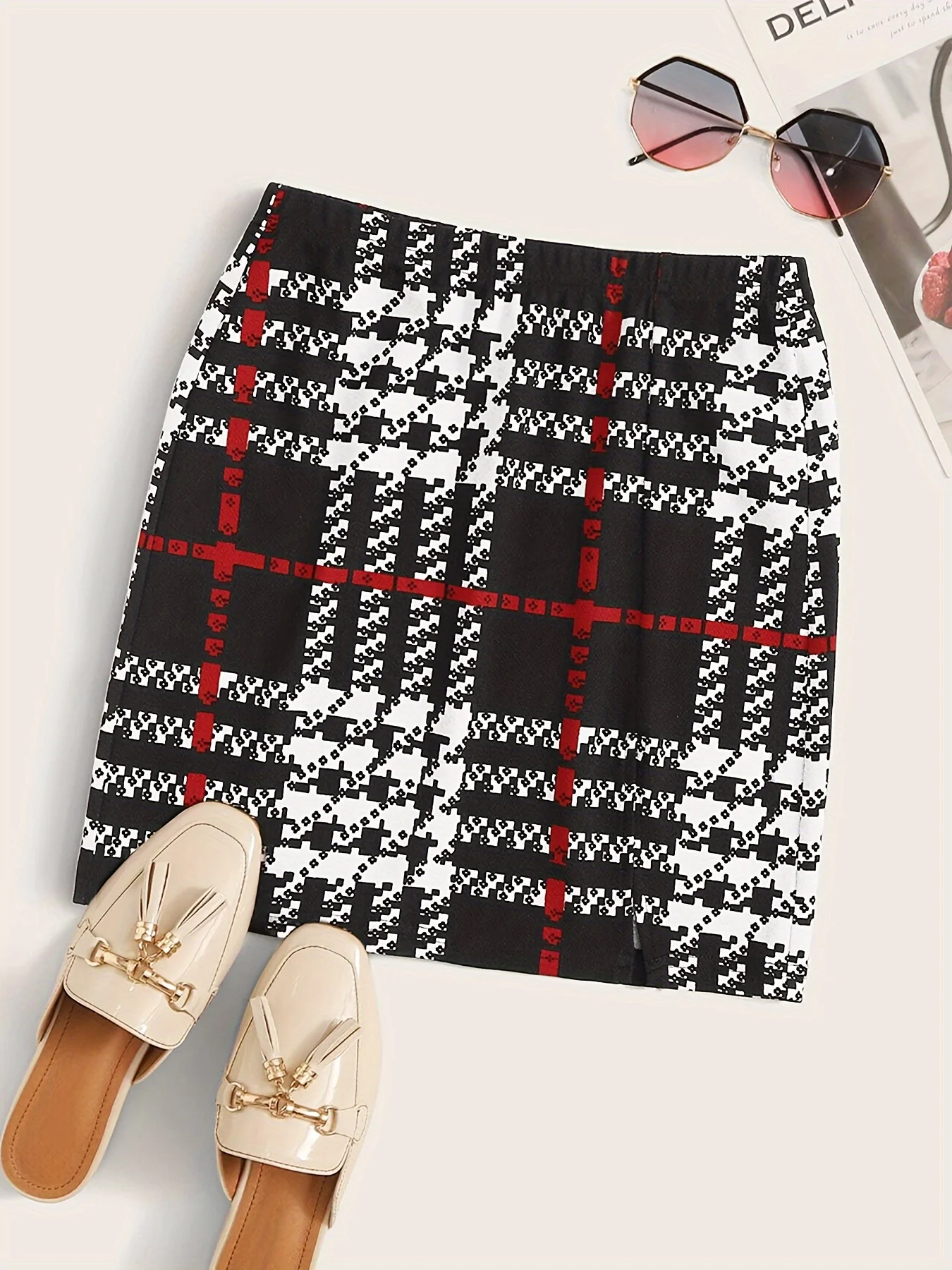 Plaid Print High Waist Skirt, Elegant Skinny Split Hem Skirt For Summer, Women\'s Clothing