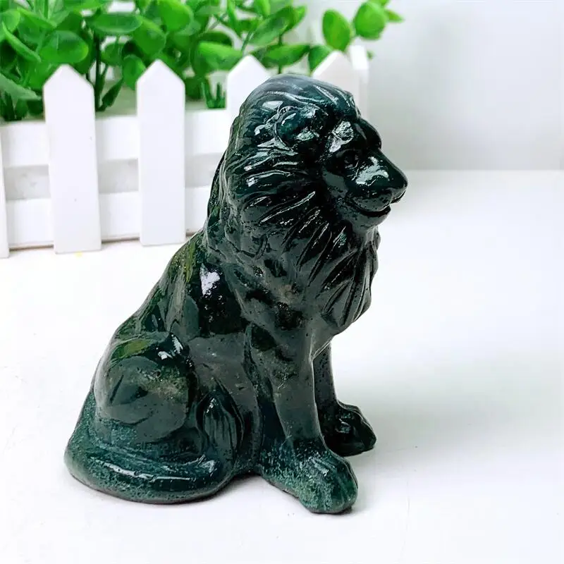 Natural Moss Agate Lion Carving Carved Statue Animal Fashion Home Ornament Art Collectible Gift 1PCS