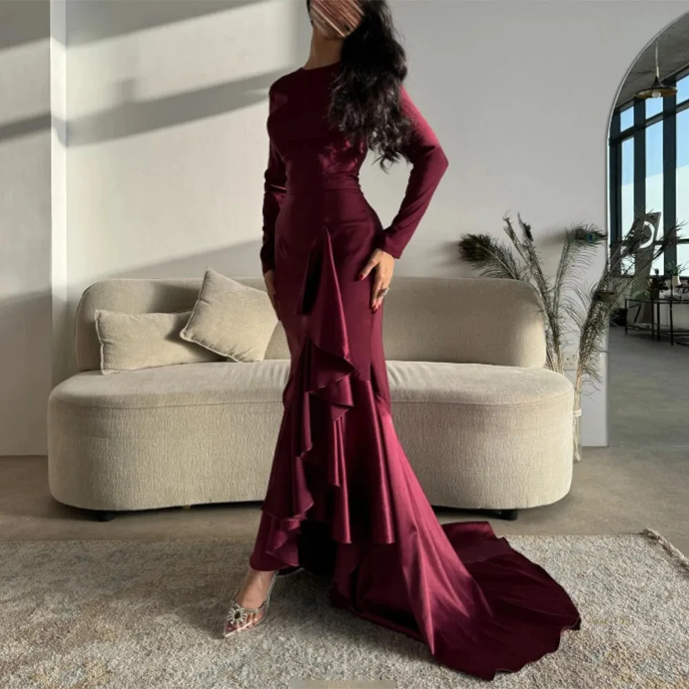 Long Burgundy Prom Dresses Elegant Mermaid Evening Dresses Long Sleeve Crepe Round Neck Formal Party Gown For Special Events