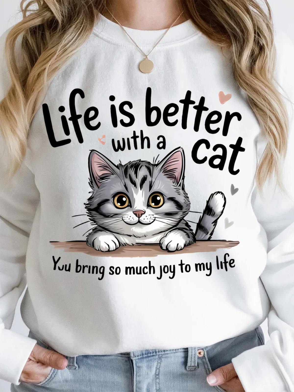 

Женская хлопковая толстовка с круглым вырезом Life Is Better With A Cat, милая уличная толстовка с длинными рукавами, женская осенняя одежда