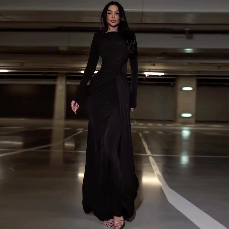 새로운 라운드넥 주름 허리끈 슬림 단색 우아한 화이트 긴팔 드레스 여성 우아한 패션 롱 가운