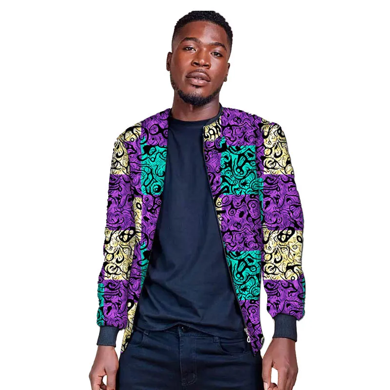 Męska kurtka baseballowa z oryginalnym nadrukiem, stójką, krótkim zamkiem błyskawicznym, dopasowany krój, afrykańska moda męska, odzież imprezowa.