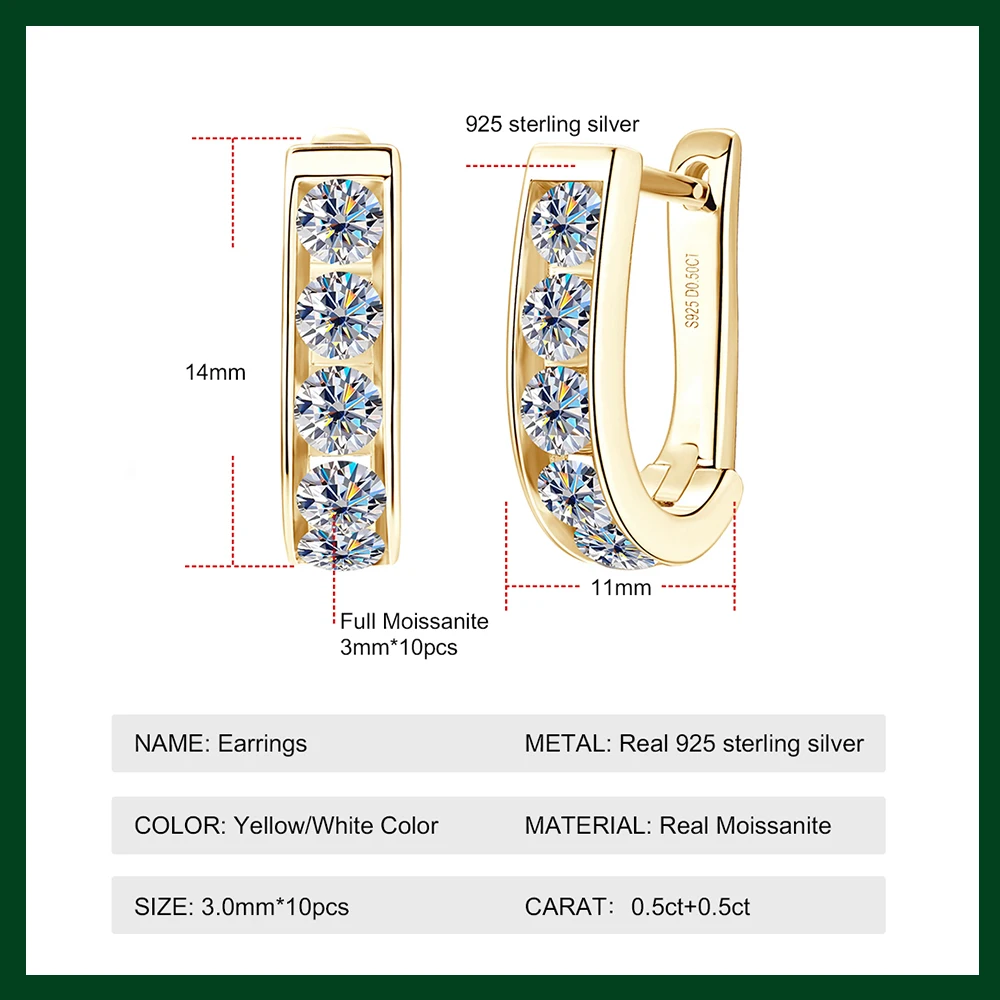 JEY 18k Plated 3mm Moissanite Hoop Earring 925 Sterling Silver Luxury Sparkling Huggie Earrings for Women Girl Jewelry Gift