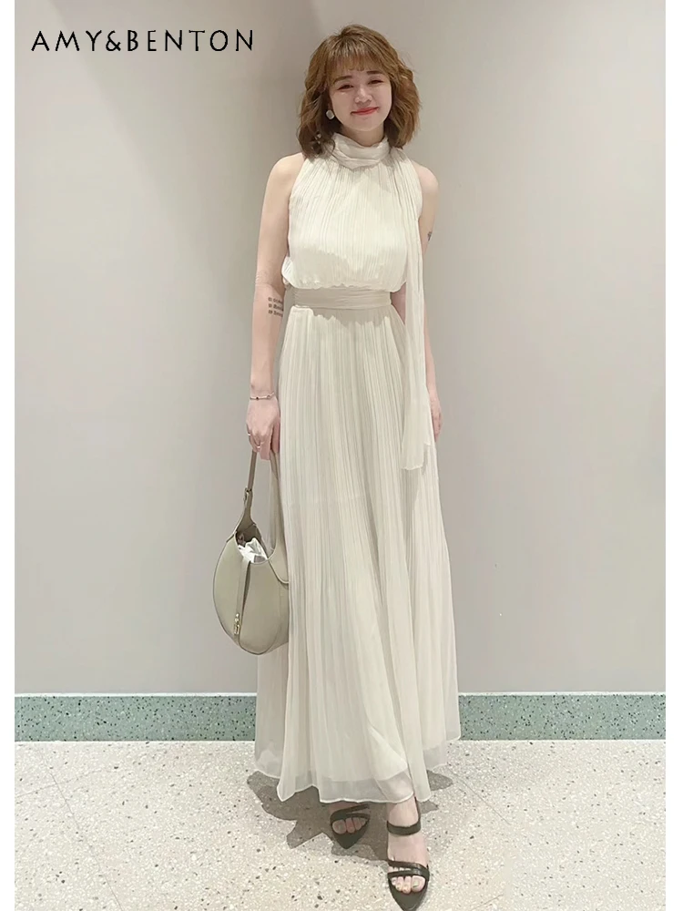 

2024 Summer New French Graceful Bow Ribbon Sleeveless Slim Pleated Dress for Women Elegant Socialite High Waist Mid-Length Dress