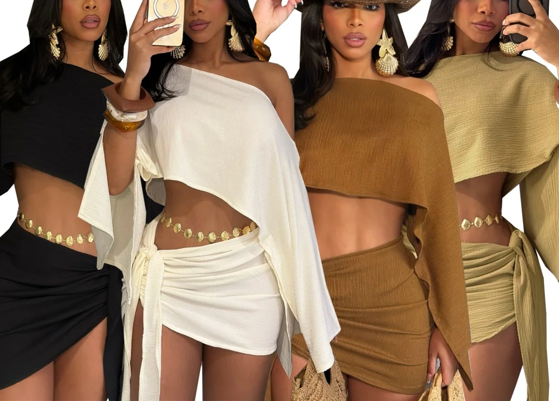

Summer Off-Shoulder Top And Hip-Hugging Skirt Set for Women Breathable Seaside Vacation Style with Straps Sloping Neck Design