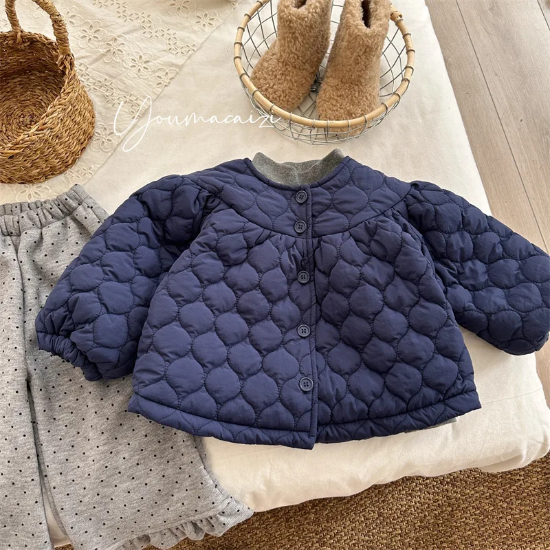 

Children Coat 2025 Winter New Solid Color Cotton Coat Bubble Sleeve Baby Girl's Jacket Long Sleeve Coat
