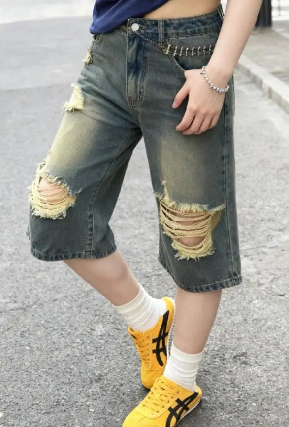 Women's Jeans 2026 Spring New Pocket Design High Waist Streetwear Casual Ripped Straight Leg Knee Length Denim Pants
