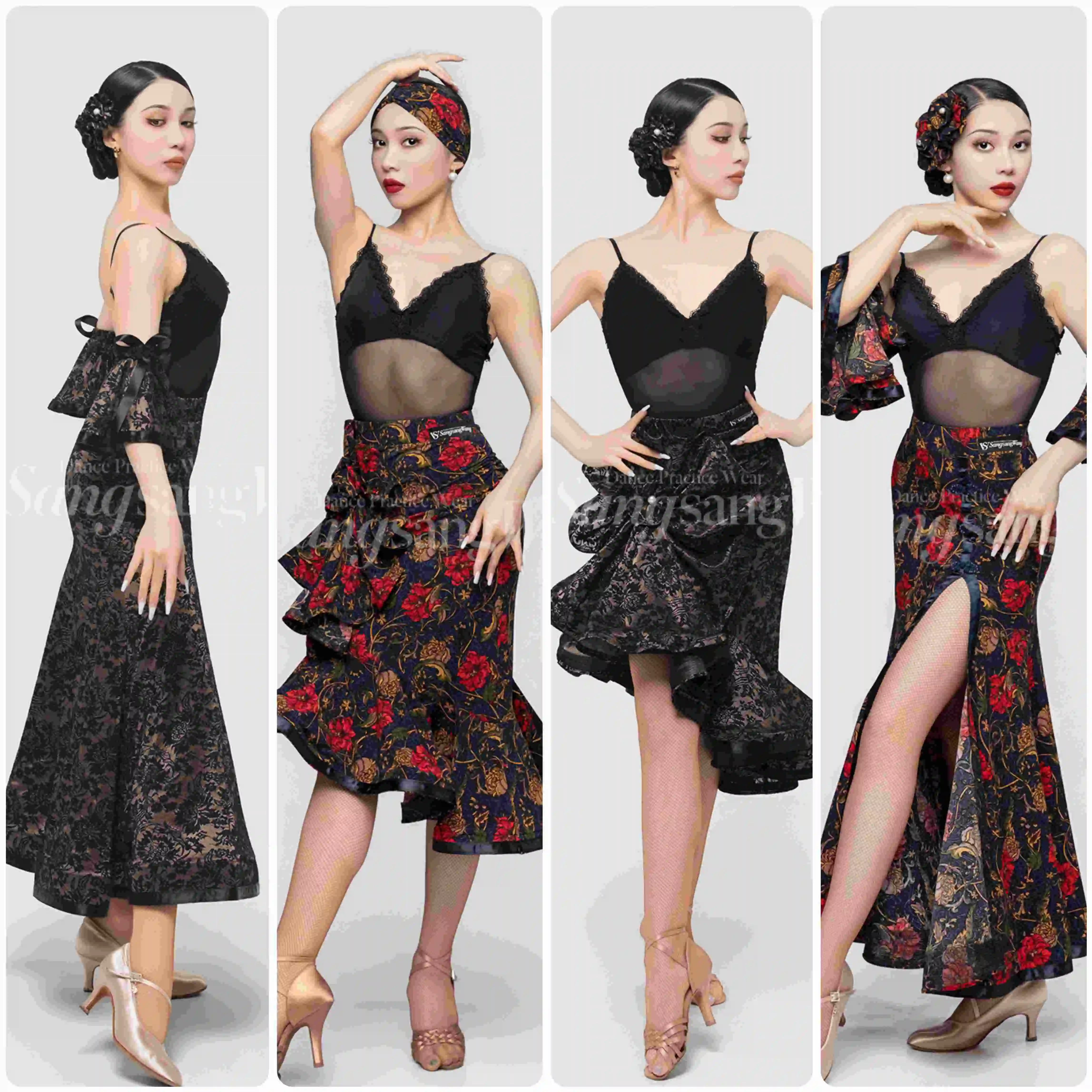 

Одежда для латиноамериканских бальных танцев SSwang, женские черные топы с цветочным кружевом, роскошная юбка, костюм для выпускного бала, вальса, выступлений и соревнований SS2243