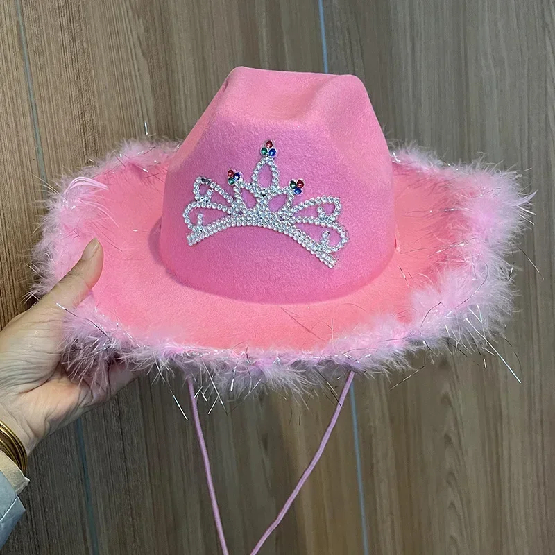 Women Pink Color West Cowgirl Hat Girls Tiara Feather Felt Western Sequin Cowboy Cap Costume Party Dress Jazz Caps Cosplay Props