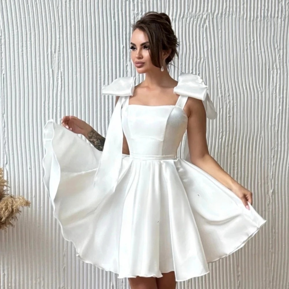 Satin Mini Wedding Dresses Spaghetti Straps A-line Bride Dress vestidos de novia Bow Ivory Homecoming Gown Back Lace Up