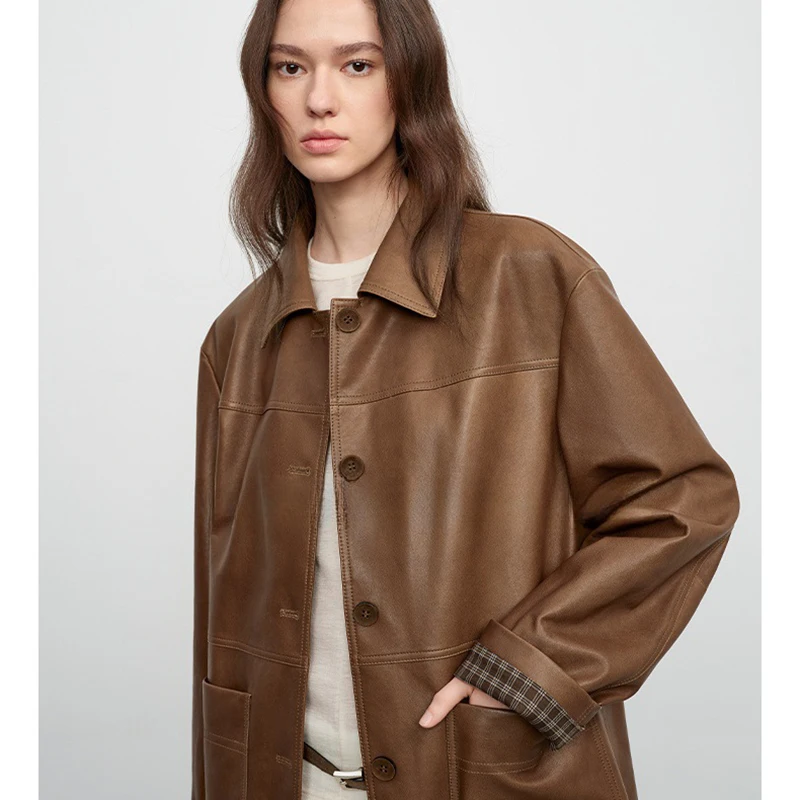 سترة من جلد الغنم الأصلي للخريف والشتاء للنساء باللون البني فضفاضة وجيب متوسط الطول من الجلد المدبوغ معطف واق من المطر ملابس خارجية #2